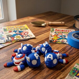 May include: A collection of blue, red, and white Captain America-themed figurines. The figurines are arranged on a wooden surface near vintage comic books. The figurines have a helmet design with the letter "A" on the front.