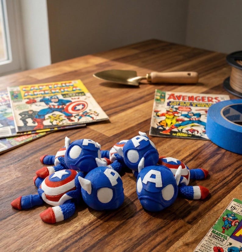 May include: A collection of blue, red, and white Captain America-themed figurines. The figurines are arranged on a wooden surface near vintage comic books. The figurines have a helmet design with the letter "A" on the front.