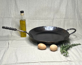 Blacksmith, Handmade, Carbon Steel Skillet 13 inch, Round/Twisted Handle, Nonstick, Leaf patterned helper handle