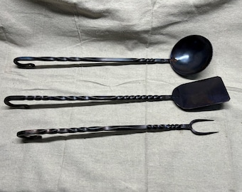 Blacksmith Handforged Steel Ladle, Fork, Spatula Set. Grilling, Dutchoven, Campfire Cooking Utensils, Long Handles. Color Variations.
