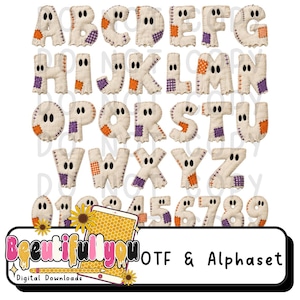 May include: A digital alphabet and number set featuring off-white fabric-textured characters shaped like ghosts with black eyes. Each character includes stitched details and small orange or purple plaid patches. The bottom includes the text Beeutifulyou.