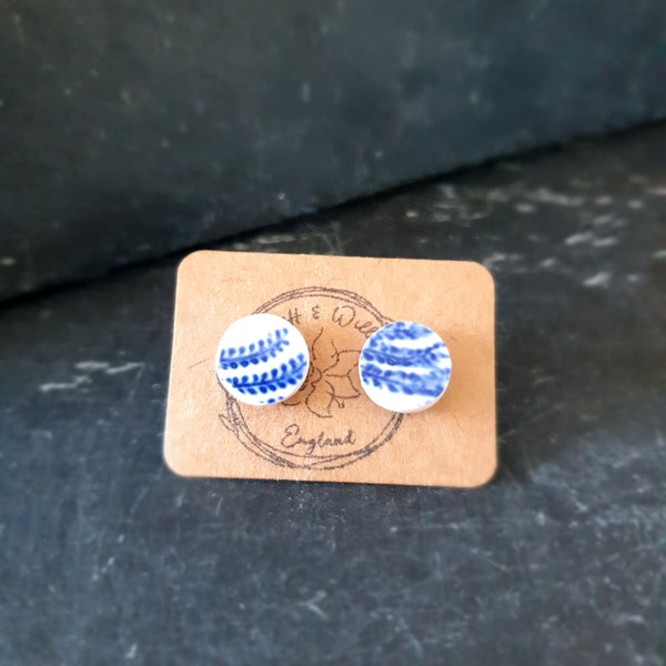 Tiny blue and white vintage ceramic stud earrings. Blue and white.