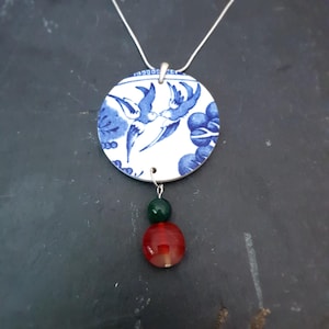 Large bold pendant. Blue Willow love birds pendant with recycled glass beads on a silver plated snake chain.