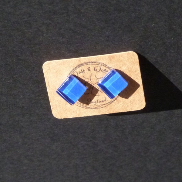 Royal Blue Glass square stud earrings. RecycledGlass. Hypoallergenic. Minimalist.