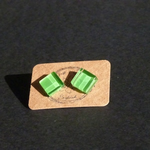 Beautiful High Gloss Glass square stud earrings. Irish Green. Hypoallergenic.