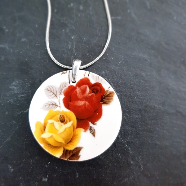 Autumn Roses - Recycled vintage ceramic pendant on a sterling silver plated snake chain.