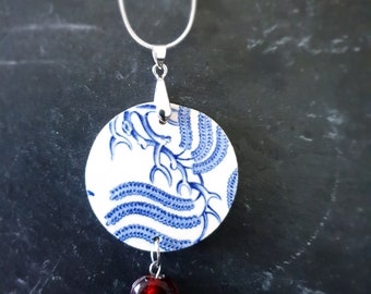 Large Blue Willow pendant with red recycled glass bead on a silver plated snake chain.
