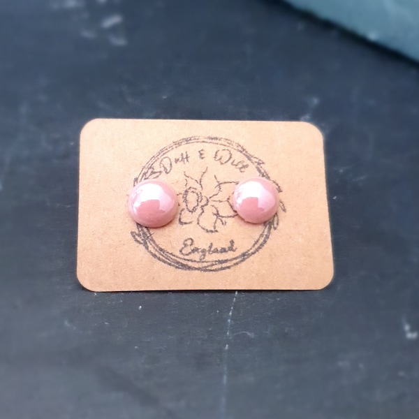 Dome stud earrings. Pearlised Opaque Recycled Glass. Pink.