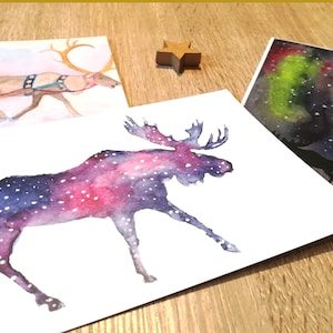 Weihnachtspostkarten, Postkarten Set, Winter Karten, Elch, Schnee, Weihnachtskarte Aquarell