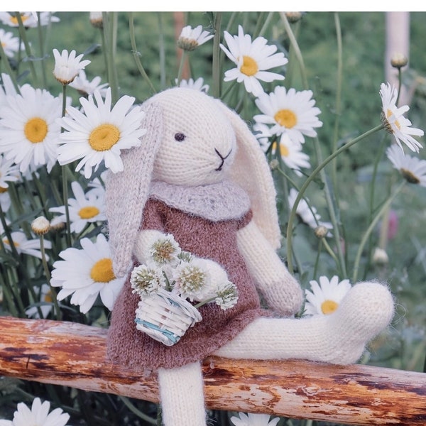 Knitting pattern for bunny doll with cute dress. Rabbit toy tutorial
