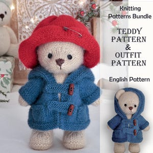 May include: A hand-knitted teddy bear wearing a red hat and a blue coat with wooden toggles. The bear is beige with black eyes and a brown nose. The image also includes a smaller version of the bear and text that reads "Knitting Patterns Bundle" and "TEDDY PATTERN & OUTFIT PATTERN".