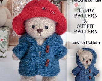 Breipatroon voor klassieke reisoutfit teddybeer en speelgoed: jas en muts. Engels pdf-patroon.