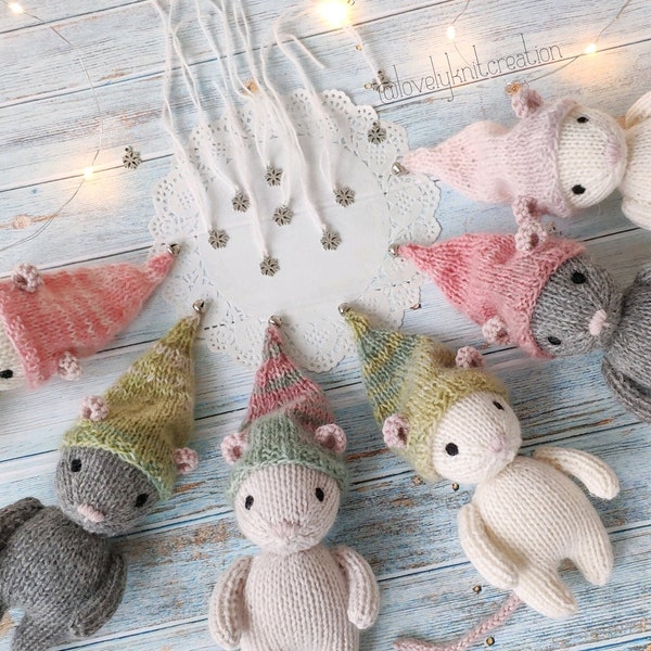 Christmas mouse knitting pattern, stuffed handmade mouse doll