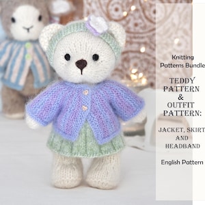 May include: A knitted teddy bear wearing a light purple jacket, a green skirt, and a mint green headband with a white flower. The bear has a brown nose and black eyes. The image also includes text that says "Knitting Patterns Bundle".
