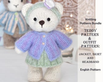Breipatroon teddybeer met outfit: gestreept jasje en rok, hoofdband. Bundel met patronen.