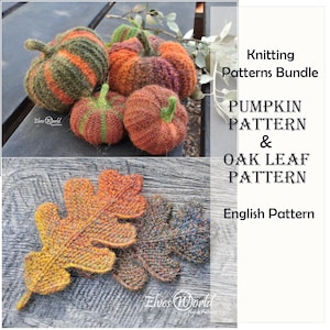 Puede incluir: Un conjunto de calabazas tejidas de varios tamaños y colores, incluyendo naranja, verde y rojo. También hojas de roble tejidas. La imagen incluye el texto "Knitting Patterns Bundle" y "PUMPKIN PATTERN & OAK LEAF PATTERN".