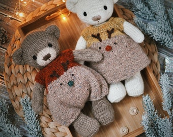 Christmas bear knitting pattern, stuffed knitted doll, animal toy pattern