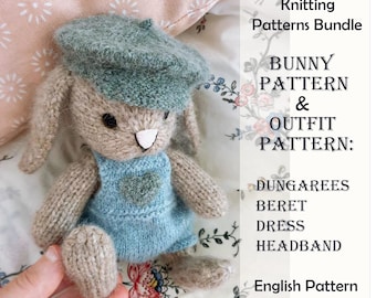 Paquete de patrones de punto para un conjunto de conejito y juguete: vestido, diadema, peto y boina. Patrón en PDF en inglés.
