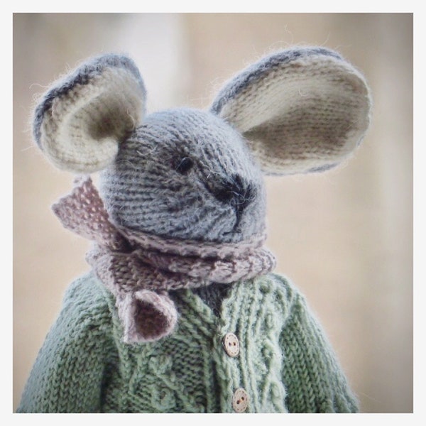 Knitting pattern for mouse with cardigan and shorts. Stuffed animal pattern.