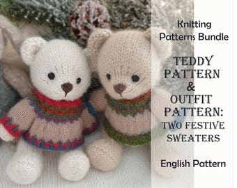 Breipatroon voor teddybeer met outfit: twee kersttruien. Bundel met patronen.