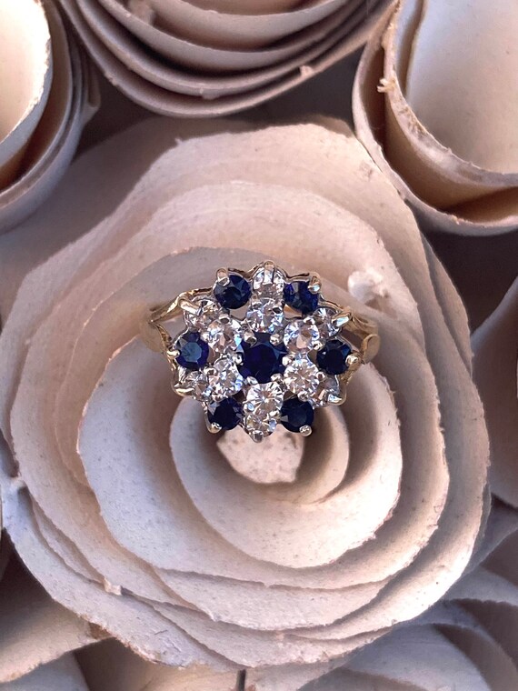 Vintage Sapphire and Cubic Zirconia Cluster 9 Carat Gold Flower Ring Hallmarked Gold Ring 1974 Jewellery Gift Gift for Her Etsy