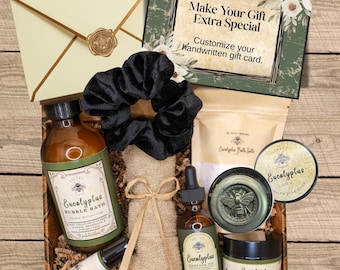 Caja de regalo de spa de eucalipto, caja de regalo para el Día de la Madre, regalo para mamá, gel de ducha, loción y aceite corporales naturales.