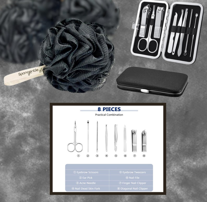Puede incluir: Un estuche de viaje negro con un juego de ocho herramientas de manicura plateadas, que incluyen tijeras para cejas, pinzas, corta&uacute;&ntilde;as y una lima de u&ntilde;as. Las herramientas est&aacute;n numeradas y etiquetadas con descripciones. El estuche est&aacute; abierto, mostrando las herramientas en el interior.