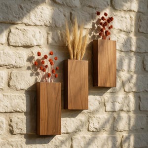 Set of 3 Wooden Wall Vase, Wood Wall Pocket, Wood Hanging Vase, Faux Flower Holder