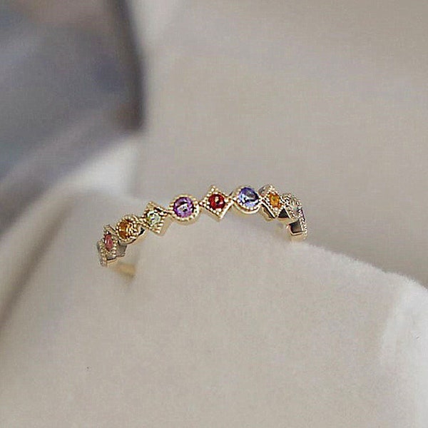 Rainbow CZ stackable ring, Dainty multi-color zirconia ring, Stunning circular tone CZ ring, Vintage rainbow stone CZ ring for women