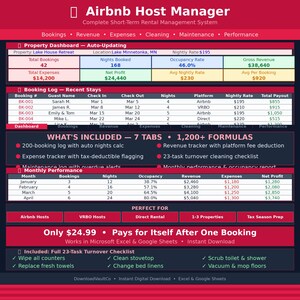 May include: A digital spreadsheet titled "Airbnb Host Manager" with data tables for bookings, revenue, and expenses. Includes a dashboard, booking log, and monthly performance charts. The text includes "23-Task Turnover Checklist".