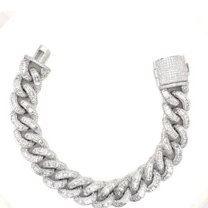 Męska bransoletka z 10-karatowego białego złota Kubańska linka z okrągłymi i bagietkowymi diamentami – Męska bransoletka w stylu Iced-Out w stylu hip-hopowym, 16 mm kubańska bransoletka linkowa.
