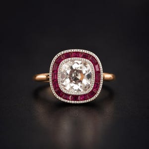 2.65CT Old Mine Cut Lab Diamond Ring | Ruby Halo Engagement Ring | 14K Two-Tone Gold Vintage Art Deco Ring | Cushion Diamond Statement Ring