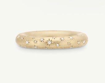 18K Yellow Gold Diamond Wedding Band | Star Set Celestial Ring | Hand Engraved Stacking Ring | Custom Made for Her