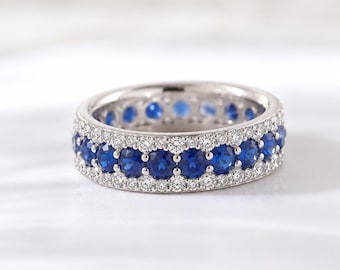 3CT Blue Sapphire & Lab Diamond Eternity Ring | 14K White Gold Triple Row Wedding Band | Full Eternity Anniversary Ring | Stackable tape