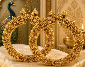 925 Sterling Silver Intricate Peacock Motif Bangles Pair | 22K Gold Plated Openable Bridal Kada | Handmade Antique Indian Wedding Jewelry