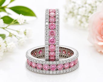 Fancy Intense Pink Lab Diamond Eternity Band | 10K White Gold Wedding Ring | Certified Pink Diamond Ring for Her | Custom Made Band For her