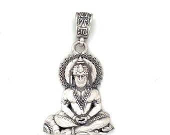 Sterling Silver Hanuman Necklace | Meditating Bajrangbali Pendant | Hindu God Jewelry | Protection Amulet Gift