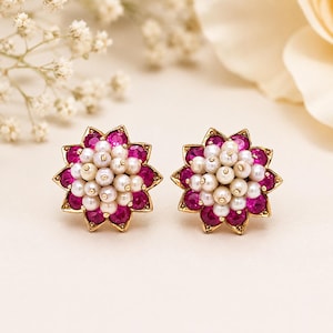 Ruby And Pearl Stud Earrings | 14K Gold Traditional Indian Earrings | Maratha Heritage Floral Studs | Handmade Bridal Jewelry | Gift for Her