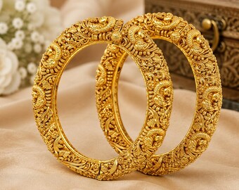 925 Sterling Silver Peacock Bangles Pair | 22K Gold Plated Openable Bridal Kada | Handmade Indian Wedding Jewelry for Women.