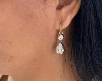 Asymmetric Lab Diamond Gypset Hoop Earrings | Pear Shaped And Round Brilliant Diamonds | 14K White & Yellow Gold
