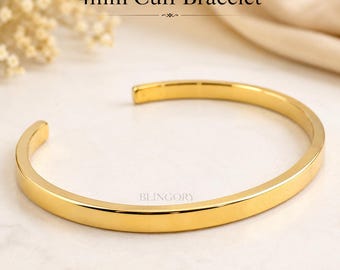 18K Solid Gold Men's Cuff Bracelet 4 mm Wide | Cartier Style Luxury Jewelry | Handmade Custom Size | Gift for Him