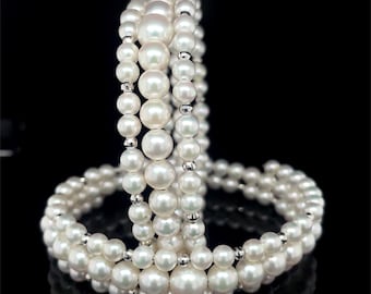 Freshwater Pearl Flexible Bangle | 18K Solid White Gold Double Wrap Bracelet | Stackable Open Bangle | Handmade Luxury Gift for Her