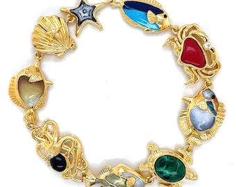 14K Yellow Gold Ocean Reef Bracelet, Multi Color Gemstone Tennis Bracelet, Sea Life Inspired Handmade Jewelry, Luxury Gift for Her