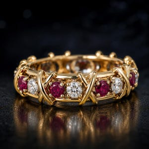 Diamond & Ruby X Eternity Ring | 18K Yellow Gold Wedding Band  | Lab Diamond Ruby Anniversary Ring | Two Tone Stackable Band For Girls .