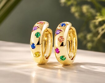 18K Gold Rainbow Gemstone Huggie Hoop Earrings | 1CT Round Multi Color Gemstone Hoops | Solid Gold Everyday Earrings | Luxury Gift for Her.