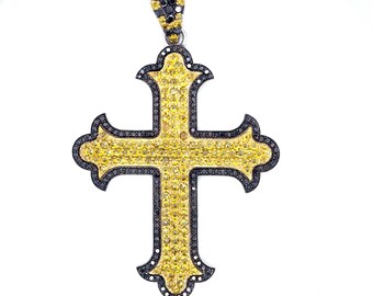 Lab Grown Diamond Cross Pendant 925 Silver |  Canary Yellow And Black Diamonds | Hip Hop Iced Out Cross | Custom Handmade Statement Jewelry