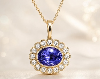 1.50Ct Oval Cut Tanzanite Necklace | 14kt Solid Gold Dainty Diamond Necklace | IGI Certified Minimalist Jewelery | Romantic Gift For Her.