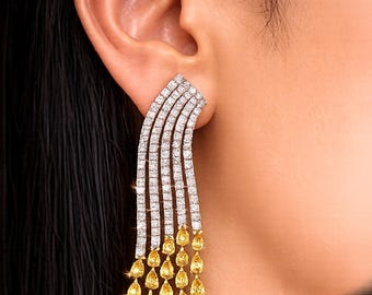 Certified Diamond Long Earrings | Solid Gold 10k Party Wear Diamond Earrings| Statement Earrings| Wedding Jewelry Luxury Gift For Bride.