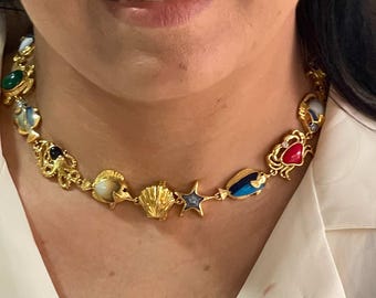 925 Silver Ocean Reef Necklace | Multi-Color Gemstone & Diamond Necklace | Sea Life Jewelry | Handmade Art Deco Luxury | Gift for Her