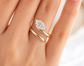 1CT Marquise Lab Diamond Spiral Ring, 14K Solid Gold Open Wrap Ring, Modern Minimalist Engagement & Promise Ring,Stackable Jewelry for Women